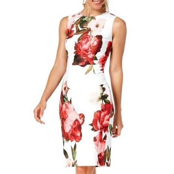 Perfect For Any Special Occasion,Formal, Wedding Guests, Cocktail,Evening, First Picture Is Same As Mine Just Different Floral Pattern. Sleeveless Floral Sheath Dress, New With Out Tags Never Worn, Displaying A Brilliant Floral Pattern, This Sleeveless Sheath Dress From Calvin Klein Accentuates Your Femininity. Product Details Zip Closure Round Neck Sleeveless Lined Floral Pattern Imported Product Specifications 39 In Length Material & Care Jersey Fabric Polyester, Spandex Dry Clean Only, White Sleeveless Feminine Floral Dress, Elegant Red Floral Midi Dress, Fitted Red Floral Dress For Spring, Elegant Red Fitted Floral Dress, Summer Wedding Fitted Floral Dress, Sleeveless Floral Dress For Summer Formal, Elegant Sleeveless Floral Dress, Formal Sleeveless Floral Dress For Summer, Floral Print Sheath Wedding Dress