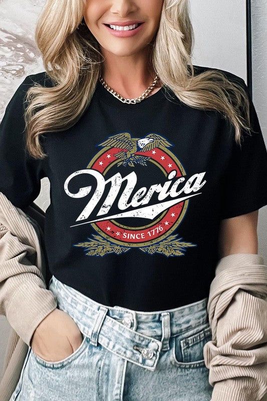 Merica Since 1776 American Eagle Beer Graphic T Shirts.Unisex Crew Neck Short Sleeve Tees.Crafted from premium materials, tailored to your lifestyle, ensuring a comfortable fit for any occasion.Family Group Uniforms Birthday Party Gift Concert Festival Events.High Quality Direct To Film Printed Graphic Design.100%COTTON,HEATHER(52%COTTON,48%POLY),ATH.HEATHER,BLACK HEATHER(90%COTTON,10%POLY)NICARAGUAMade In: Nicaragua Vintage Crew Neck Tops For 4th Of July, Vintage 4th Of July T-shirt With Letter Print, Vintage Tops For 4th Of July, Beer Graphic, Proud American, Casual Bodysuit, Concert Festival, Fall Denim, Film Prints