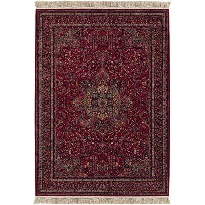 a red rug with an intricate design on the center and fringes around it,