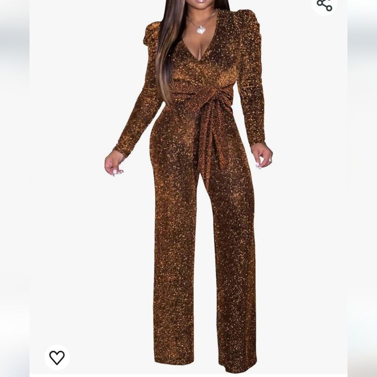 Senight Jumpsuit Elegant Long Sleeve Brown Copper Matallic Sparkle Size Xxl Cross Over Front/Pleated Puff Shoulder/Belt For Waist/Wide Leg/Soft Stretchy Fabric Measurements Laid Flat Chest 22" Waist 18" Hips 23 1/5" Sleeve 20" Length 65" Inseam 31" Ankle 11" Nwot Utility Romper, Flowy Romper, Brown Copper, Belted Romper, Shoulder Belt, Jumpsuit Elegant, Pink Bodycon Dresses, Green Jumpsuit, Strapless Jumpsuit