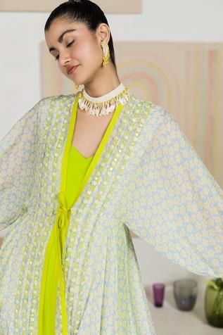 Shop for Madsam Tinzin Blue Chiffon Floral Print Jacket And Dress Set for Women Online at Aza Fashions Front Open Georgette Dresses, Floor-length Dress With Sheer Dupatta For Spring, Spring Floor-length Dress With Sheer Dupatta, Spring Festive Georgette Dresses, Festive Spring Georgette Dresses, Spring Designer Blue Dress, Blue Dresses With Dupatta For Spring, Spring Floor-length Dresses With Dupatta, Green Chiffon Set For Spring