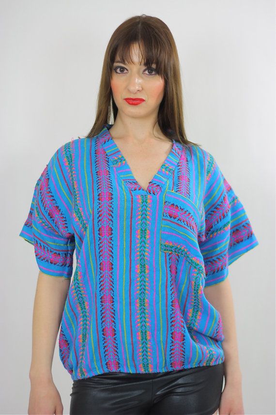 Tribal shirt Ethnic woven tunic Vintage 70s Hippie Boho abstract Gypsy kimono short sleeve striped D Bohemian Patterned Short Sleeve Tops, Bohemian Multicolor Short Sleeve Top, Bohemian Short Sleeve Patterned Tops, Patterned V-neck Hippie Tops, Vintage V-neck Top With Boho Print, Bohemian Blue V-neck Tops, Bohemian Boho Print Short Sleeve Top, Patterned Boho Print Short Sleeve Blouse, Bohemian Patterned Short Sleeve Blouse