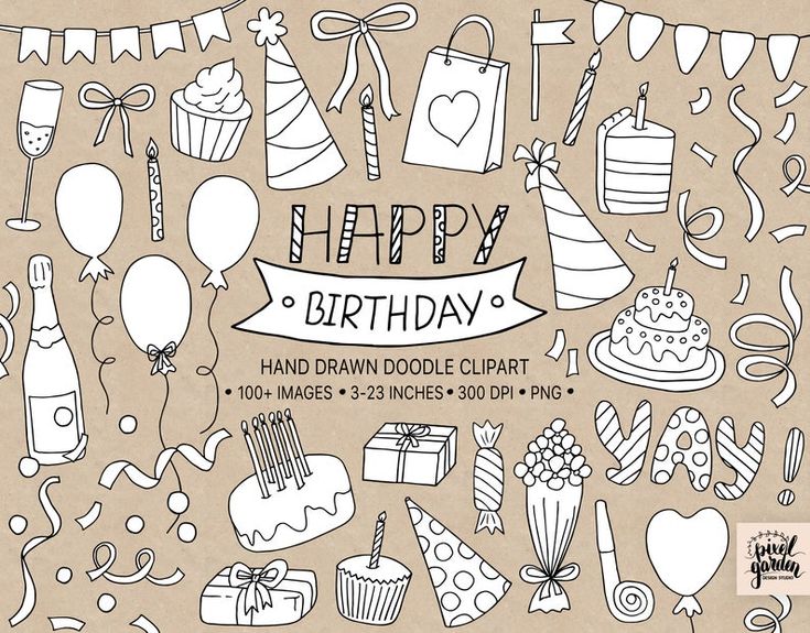 happy birthday hand drawn doodle clipart with balloons, cake, gifts and other items