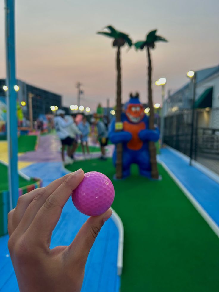 a hand holding a pink ball in front of an amusement park area at sunset or dawn