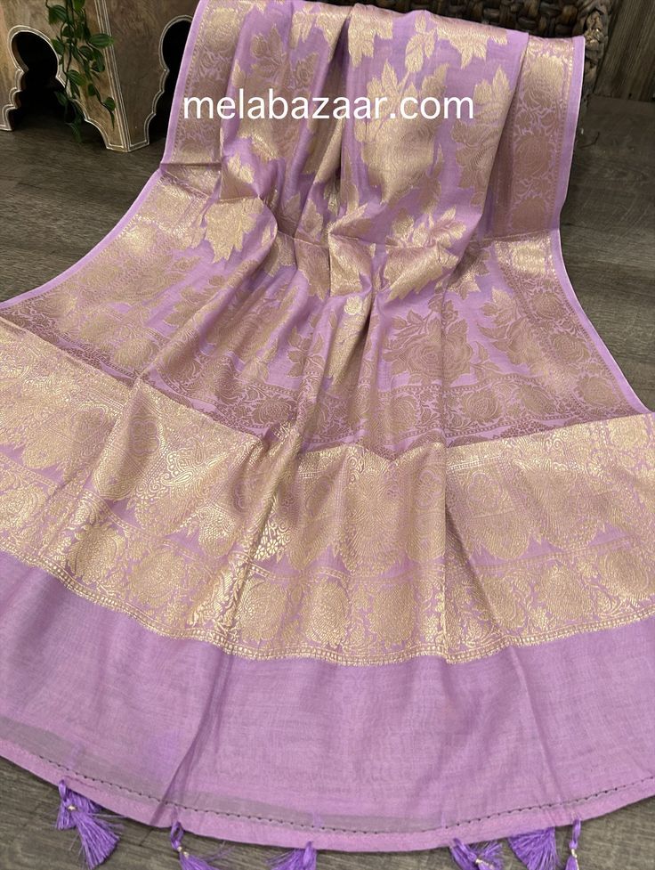 Gorgeous cotton silk lavender Banarsi dupatta with beautiful rose motifs in gold zari. Unstitched Gold Jamawar Dupatta, Elegant Lavender Dupatta Traditional Drape, Lavender Traditional Wear With Self Design For Diwali, Elegant Lavender Saree With Dupatta, Elegant Lavender Dupatta For Festive Occasions, Lavender Self-design Traditional Wear For Diwali, Purple Raw Silk Dupatta With Zari Work, Semi-stitched Lavender Dupatta For Festive Occasions, Semi-stitched Traditional Lavender Wear