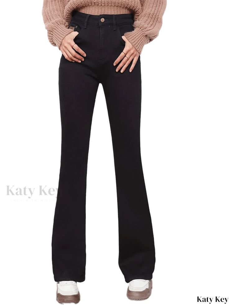 Katykey - Winter Lined Bootcut Jeans with High Waist for Women - Slimming Denim Pants in Solid Color - Stylish Womens Denim Clothing Chic Dark Wash Bottoms For Winter, Mid-rise Jeans For Winter Workwear, Dark Wash Full Length Pants For Fall, Flare Jeans For Workwear In Fall, Non-stretch High Rise Pants For Fall, Non-stretch Flare Bottoms For Winter, Chic Full Length Jeans For Winter, Dark Wash Flare Pants For Work, Wide Leg Jeans For Winter Workwear