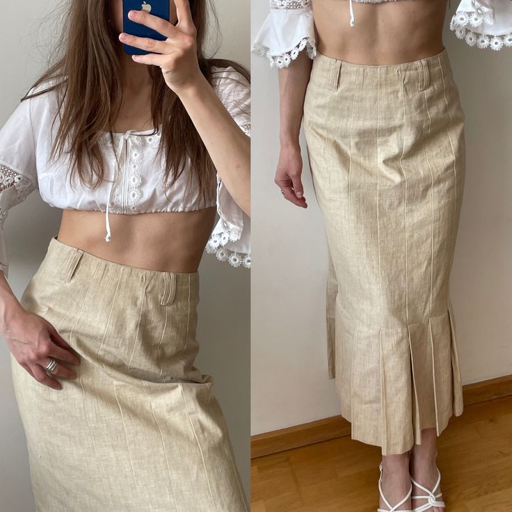 "Vintage loose linen skirt in beige, mermaid style, ankle length, straight, mid-rise, fits S-M, made of 55% ramie and 45% cotton, acetate lining, excellent condition Ramie is one of the oldest fiber crops, having been used for at least 6,000 years, and is principally used for fabric production. This skirt is perfect for everyday wear, office looks, and special occasions, e.g., weddings, anniversaries, etc. The skirt is made of high-quality and rare fabrics. Measurements  Waist 73 cm / 28.7\" Hip Elegant Linen Pencil Skirt, Fitted Linen Pencil Skirt, Fitted Cream Maxi Skirt For Spring, Spring Fitted Linen Skirt, Fitted Linen Skirt For Spring, Fitted Linen Long Skirt, Beige Linen Maxi Skirt For Spring, Elegant Fitted Linen Maxi Skirt, Spring Cream Linen Skirt