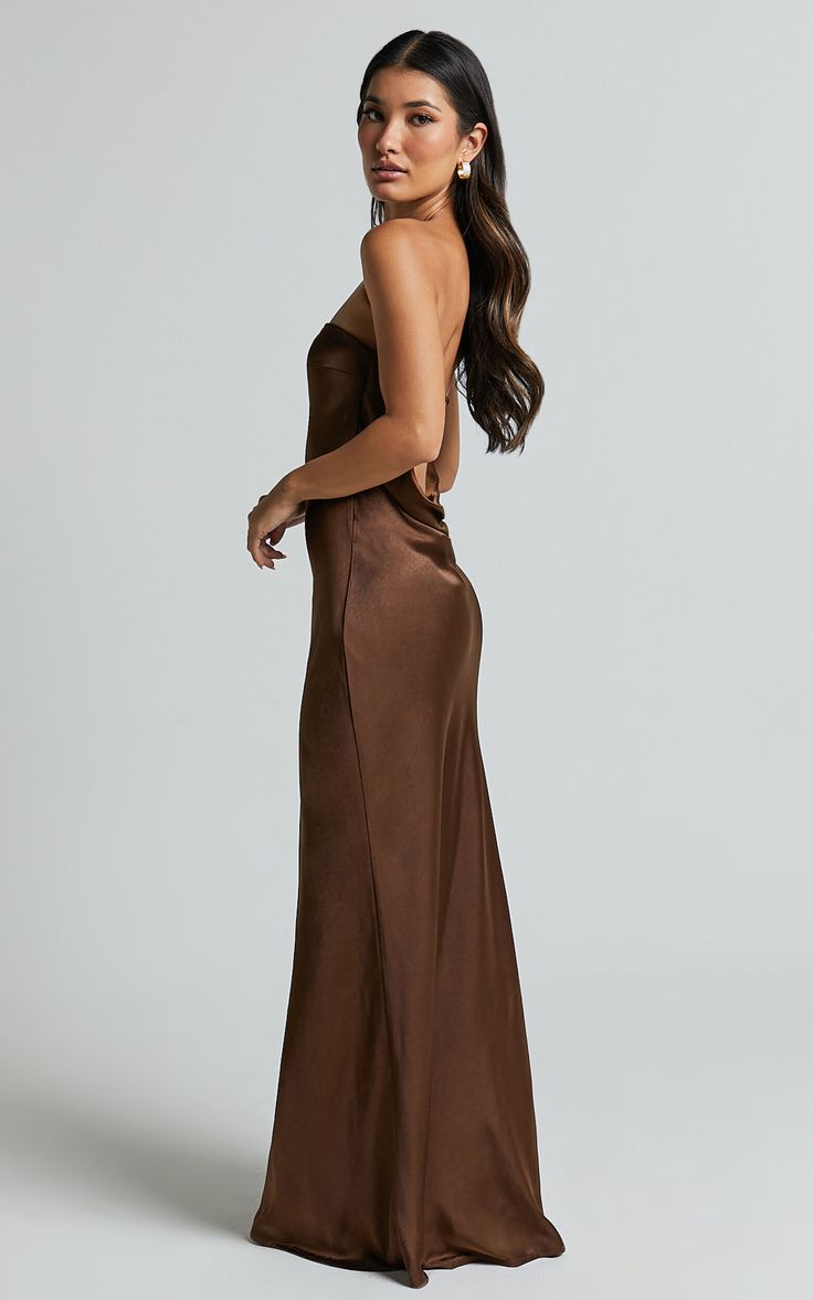 Satin Dress Outfit, Brown Dresses Formal, Aliexpress Dresses, Brown Strapless Dress, Brown Bridesmaid Dresses, Brown Maxi Dresses, Gala Outfit, Classy Prom Dresses, Wedding Attire Guest