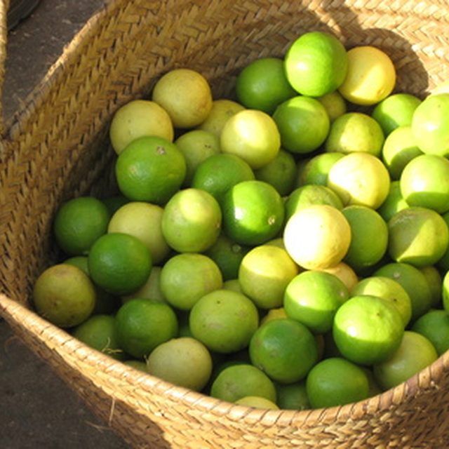 a basket full of limes and lemons on the ground