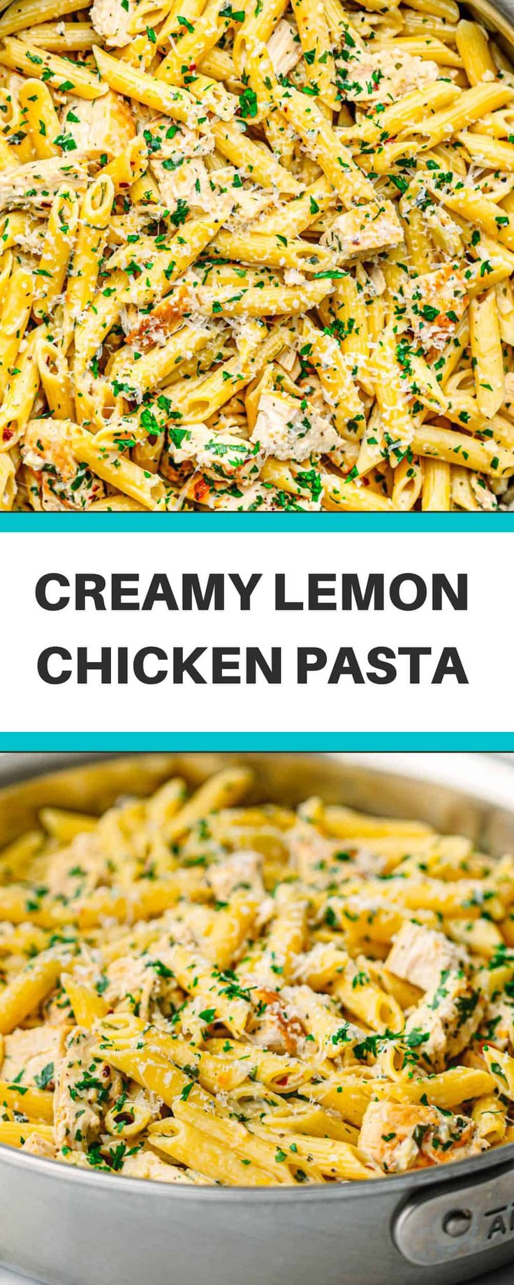 creamy lemon chicken pasta in a skillet