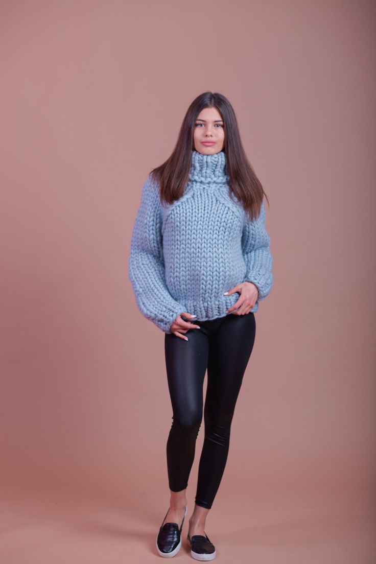 "Blue Sweater, Merino Wool Jumper, Turtleneck Pullover DETAILS -Handmade and homemade - Made from 100% high quality merino wool - The model is 170 cm tall (regular S) - The sweater on picture is size S-M - As mostly all models in our shop the sweater is loose fit - Colour on photo - blue Details Sweater in the pictures : 1-Sweater Length55cm,21,7inch 2-Sweater Chest44cm,17,3inch 3-Sweater Sleeves52cm,20,5inch 4- Turtleneck Length30cm,11,8inch FIT - The sweater is of loose fit designed to have co Stretch Knitted Long Sleeve Tops, Stretch Knit Long Sleeve Tops, Winter Knitted Long Sleeve Tops, Cozy Blue High Neck Sweater, Cozy Long Sleeve Knitted Tops, Fitted Blue Chunky Knit Sweater, Blue Hand Knitted Long Sleeve Tops, Blue Long Sleeve Hand-knitted Tops, Blue Hand-knitted Long Sleeve Tops