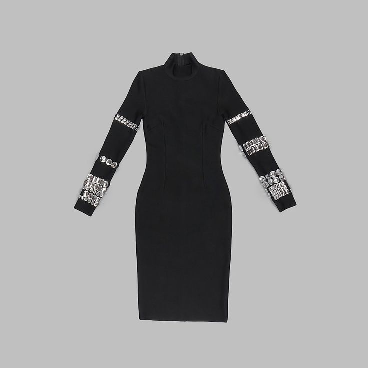 TINSLEY Hinn Neck Long Sleeve Crystals Bandage Dress Evening Bodycon Dress, Bodycon Gown, Black Bandage Dress, Robes D'occasion, Neck Bandage, Bodycon Evening Dress, Formal Occasion Dress, 파티 드레스, فستان �سهرة