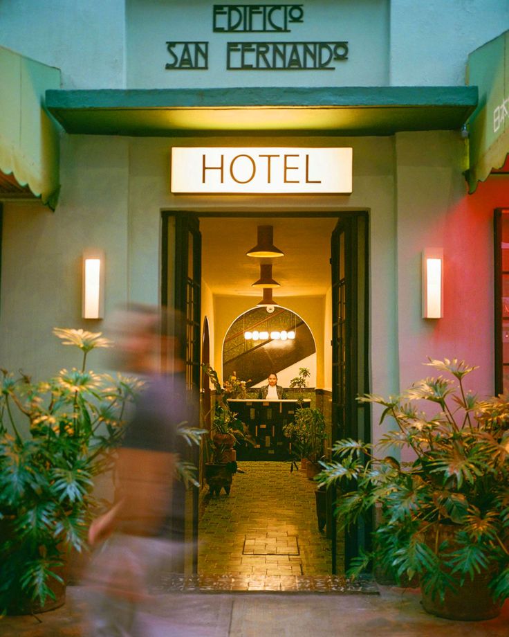 the entrance to a hotel with potted plants in front of it and people walking by