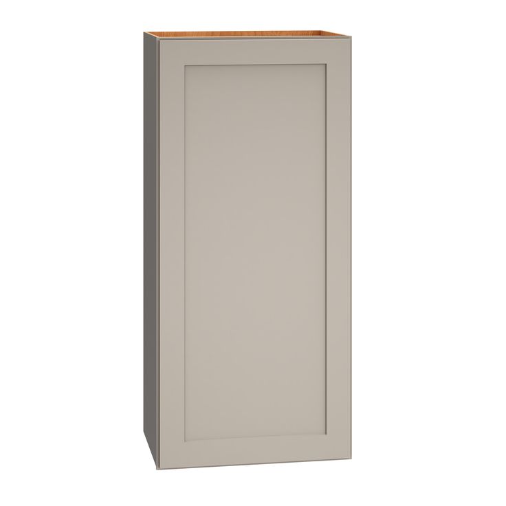 a gray cabinet with an orange top on a white background and the door is open