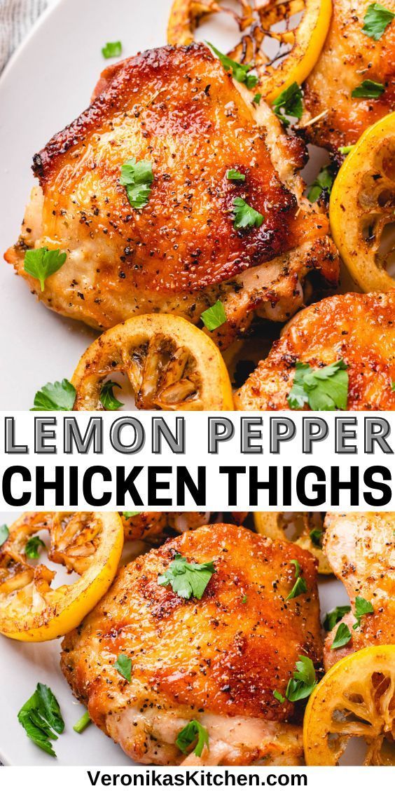 Oven baked chicken thighs with grilled lemon slices on a plate. Lemon Garlic Butter Chicken Thighs, Lemon Pepper Chicken Thighs, Chicken Thigh Seasoning, Baked Lemon Pepper Chicken, Lemon Chicken Thighs, Baked Lemon Chicken, Marinated Chicken Thighs, Grilled Chicken Thighs, Roasted Chicken Thighs