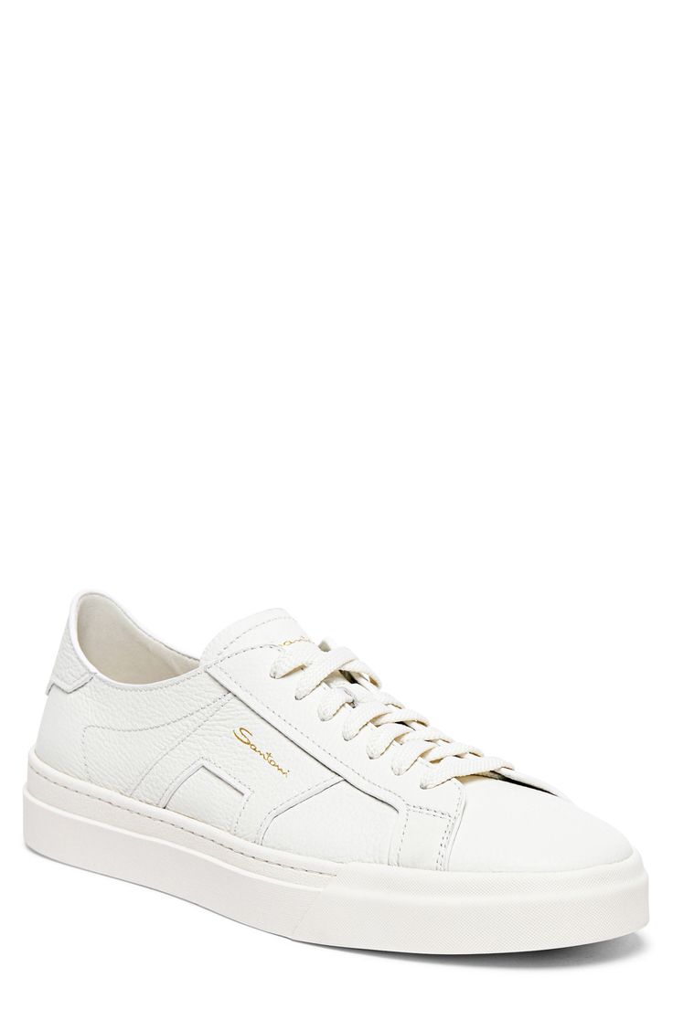 Buckle-inspired panels flank the sides of this low-profile leather sneaker designed with eye-catching branding for signature appeal. Lace-up style Leather upper and lining/rubber sole Made in Italy Luxury High-top Platform Sneakers With Embossed Logo, Luxury White Sneakers With Textured Sole, Designer Leather Sneakers With Textured Sole, Designer Calf Leather Sneakers With Textured Sole, Low-top Calf Leather Sneakers With Textured Sole, Classic Low-top Platform Sneakers With Embossed Logo, Elegant Low-top Custom Sneakers In Calf Leather, Luxury Custom Lace-up Sneakers With Embossed Logo, Designer Low-top Custom Sneakers With Textured Sole