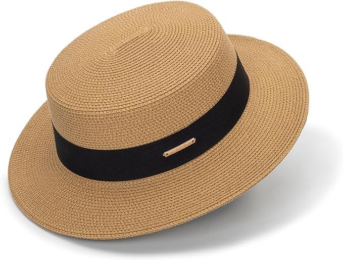 PRICES MAY VARY. Substance: made of good quality 80% paper straw and 20% polyester. Soft comfortable and breathable,lightweigt,not easily deformed. Adjustable Size: fit most men and women, hat circumference 57cm/22.4" ; height 10.5cm/4.13" ; fit for 55-57cm/21.65-22.44" head circumferenc. You can adjust the size of the hat through the rope inside the hat. Sun Protection: This fedora hat provide UV sun protection with 8cm/3.14" wide brim, sun blocker and stylish flat top design make it perfect fo Black And Khaki, Summer Hats Beach, Summer Straw Hat, Straw Sun Hat, Women Hat, Women Beach, Beach Hat, Woman Beach, Top Design