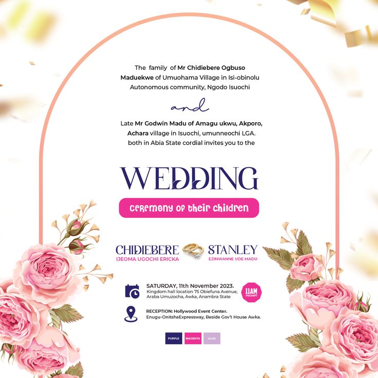 wedding flyer with pink roses and leaves