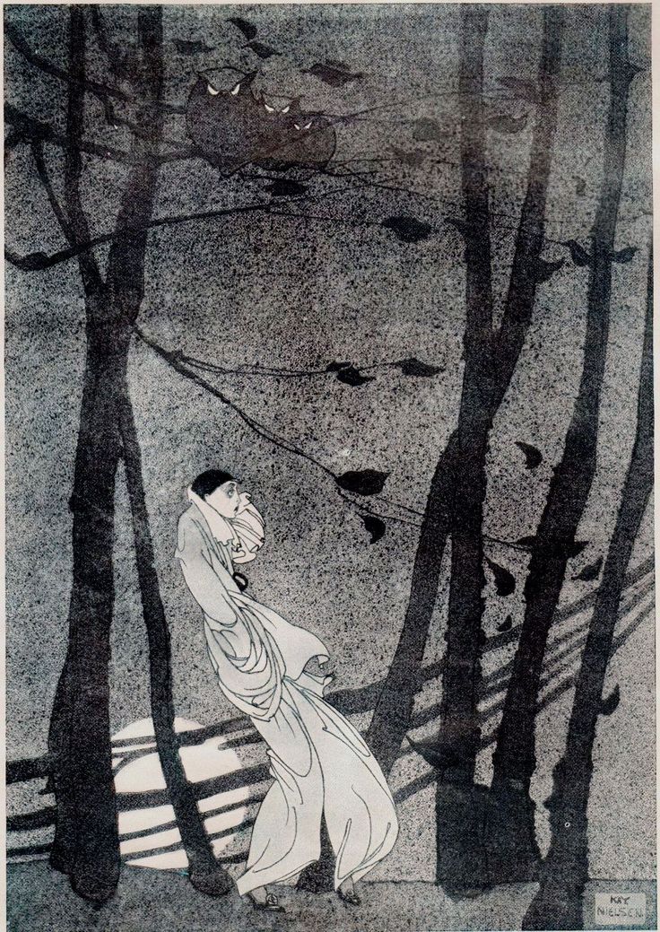 an image of a woman walking through the woods with birds flying above her and trees in the background