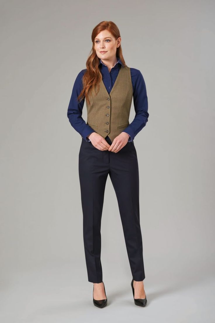 From our ``Today Collection`` - slim leg trousers in 3 different colors: charcoal, black and navy ! Ladies Vest, Beauty Tunics, Ladies Blazer, Business Suits, Plaid Vest, Mens Parka, Uniform Design, Womens Parka, Polo Shirt Women