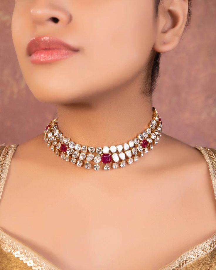 Natural Ruby & Uncut Polki Necklace, Wedding Necklace, 925 Sterling Silver, Polki Choker Necklace, Polki Diamond Necklace, Women Gift.... Manufacture Country : India * Customization always available for Ring size, metal selection and any type of center stones changes, etc.... * If you want to make your own idea of Jewelry we can do it. Material : 925 Sterling Silver Main Stone :  Ruby Secondary Gemstone : Polki Gemstone Color :  Gemstone Shape : As Seen In A Picture Weight : 115.66 gm * Shipment Sterling Silver Bridal Necklace With Sparkling Stones, Dazzling Necklaces With Sparkling Stones For Reception, Diamond Kundan Necklace For Wedding, Traditional Rose Cut Diamond Necklaces For Wedding, Bridal Necklace With Sparkling Stones For Celebration, Traditional Rose Cut Diamond Wedding Necklaces, Traditional Wedding Necklaces With Rose Cut Diamonds, Dazzling Sterling Silver Bridal Necklace For Celebration, Traditional Festive Necklace With Sparkling Stones