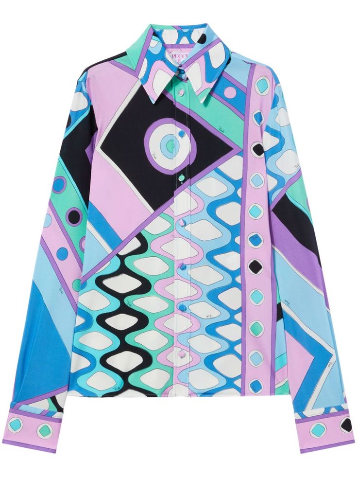 sky blue/multicolour stretch-design satin finish all-over Vivara print fabric-covered buttons oversized pointed collar front button fastening long sleeves buttoned cuffs straight hem Versace Outfit, City Dress, Satin Shirt, Fabric Covered Button, Dolce E Gabbana, Womens Long Sleeve Shirts, Summer Beach Wear, Emilio Pucci, Satin Finish