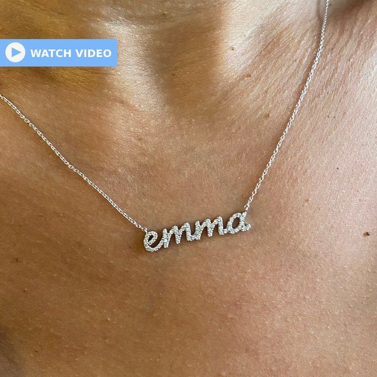 "This 14k personalized diamond name necklace is the perfect gift for the bridal party, someone special, or yourself.  M A T E R I A L & L E N G T H Available in 14k Yellow Gold, 14k Rose Gold, 14k White Gold, Sterling Silver Stone: Natural Diamond Thickness: 1.2mm / 0.05\" Initials Lowercase: 5 mm Capital: 9 mm  The listing is for all lowercase letters. Names can be made with capital first letter with $50 additional charge. Diamond weight: 0.15 ct. - 0.70 ct. depending on the name Chain Length:  14+2, 16+2, 18+2 options or any length up to 20 inches without extension. (Please leave a note for the chain length) Clasp: Lobster Clasp Color: G  Quality: SI-VS Additional Notes: * Non-Conflict Diamonds * Made in the USA E X C H A N G E / R E T U R N ∙ P O L I C Y Please let us know within 7 days Classic Diamond-accent Name Necklace For Anniversary, Classic Name Necklace With Diamond Accents For Anniversary, White Gold Mother's Day Name Necklace, Personalized White Diamond Necklace, Elegant Personalized White Diamond Necklace, White Diamond Name Necklace As Gift, White Gold Nameplate Necklace For Anniversary, White Diamond Name Necklace For Gift, Classic Diamond Name Necklace For Anniversary