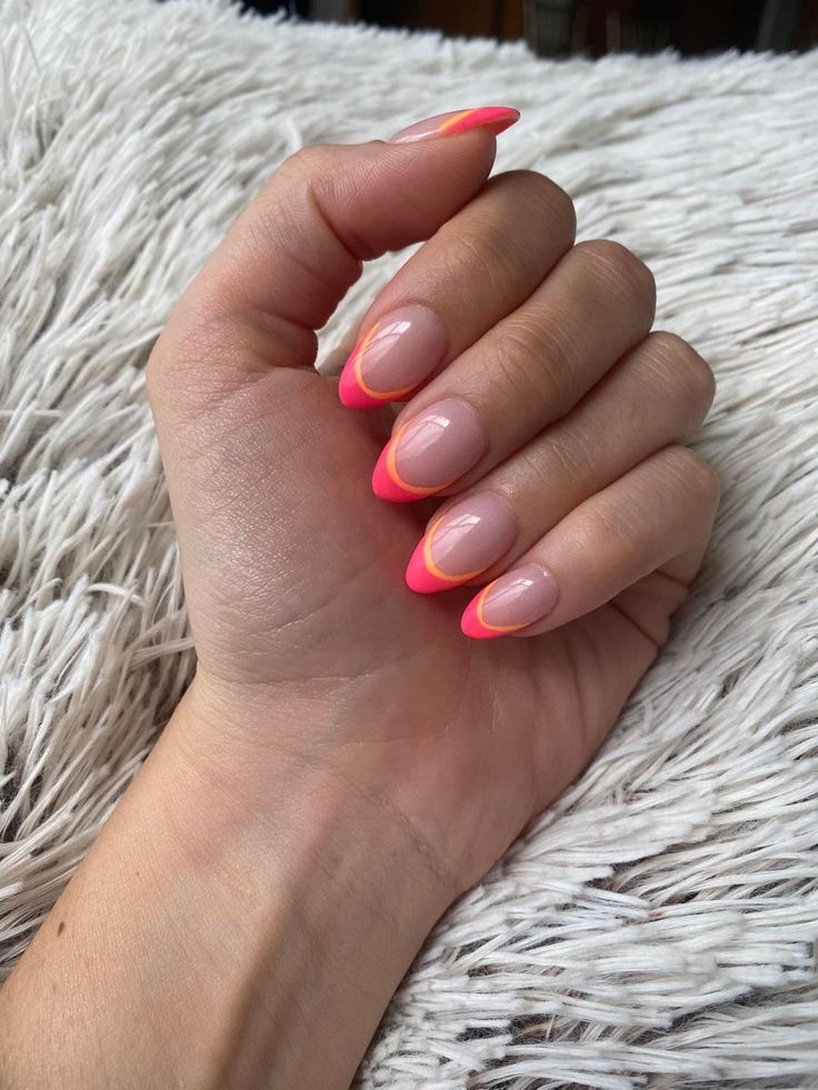 Short Almond Acrylic Nails Colorful, Nails Oval Shape Summer, Short Almond Nails Colored French Tip, Fun Pink French Tip Nails, Bright French Tips Almond, Pink And Organs Nails, Almost Shaped Nails, Preppy Nail French Tip, Cute Color French Tip Nails