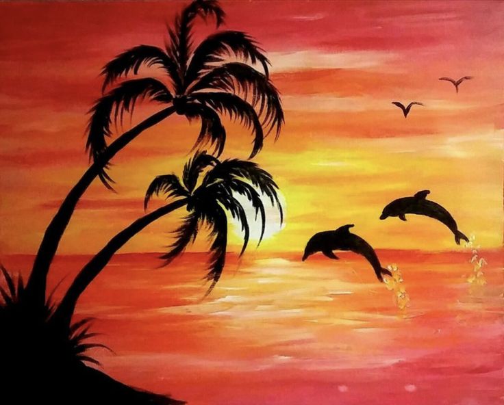 a painting of two dolphins jumping out of the water at sunset with palm trees and birds in the background