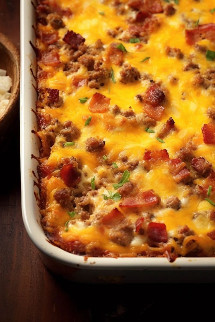 a casserole dish with meat and cheese in it next to a bowl of rice