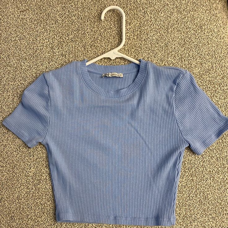 Blue Ribbed Cropped Baby T From Zara Never Worn! Brand New Condition! Size M! Fitted Blue Ribbed T-shirt, Trendy Blue Ribbed T-shirt, Blue Ribbed T-shirt For Spring, Spring Blue Ribbed T-shirt, Casual Purple Ribbed Top, Blue Fitted Ribbed T-shirt, Blue Ribbed Crew Neck Top, Basic Blue Ribbed T-shirt, Light Blue Ribbed Stretch Top