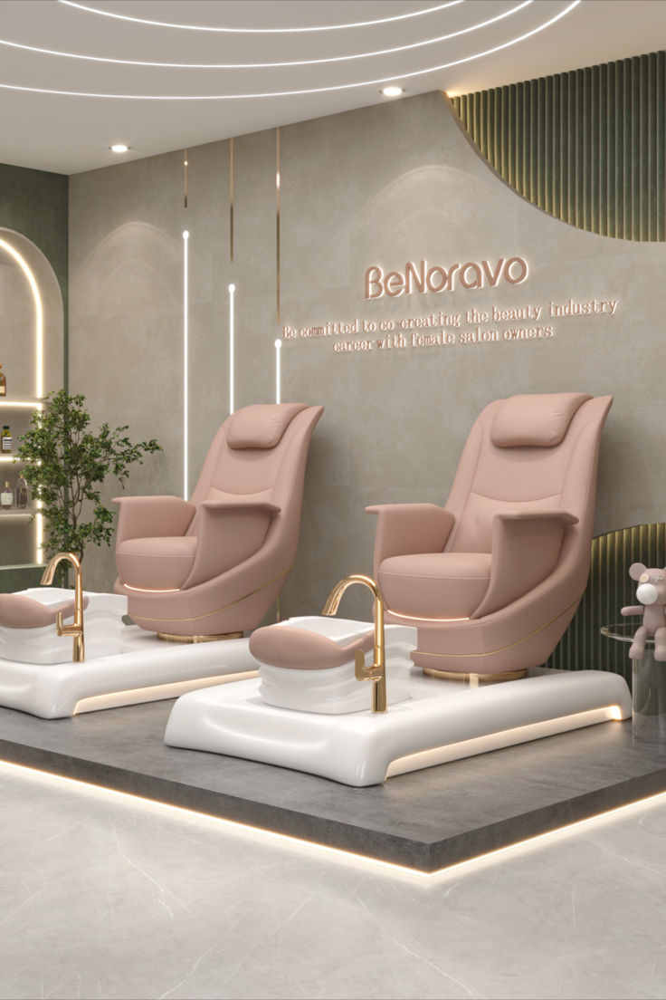 the interior of a beauty salon with pink chairs