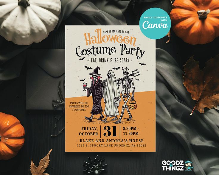 a halloween costume party flyer with pumpkins and other decorations on the table next to it