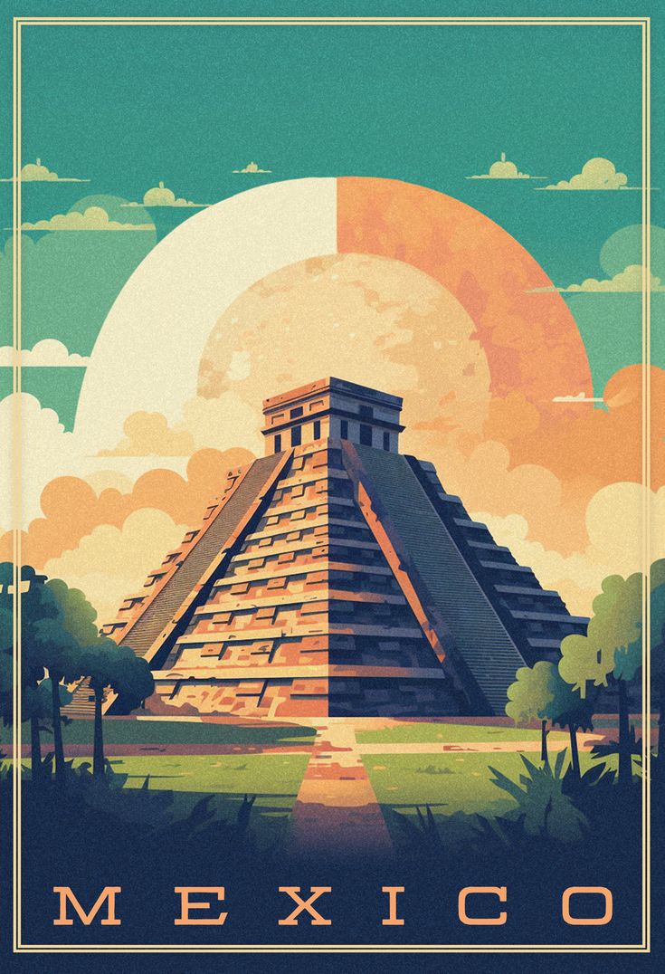 an image of a pyramid in mexico with the sun setting behind it and clouds above