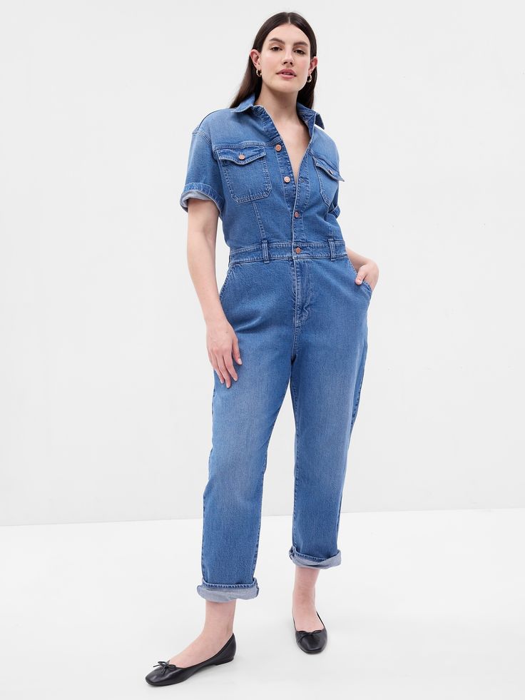 Denim Jumpsuit with Washwell | Gap Medium Wash Full-length Denim Jumpsuit For Spring, Fitted Mid-rise Light Wash Denim Jumpsuit, Medium Wash Full Length Denim Jumpsuit For Spring, Full Length Medium Wash Denim Jumpsuit For Spring, Casual Full-length Denim Jumpsuit, Spring Full Length Denim Jumpsuit, Relaxed Fit Full-length Denim Jumpsuit With Pockets, Gap High Rise Relaxed Fit Jeans, Denim Overalls With Relaxed Fit