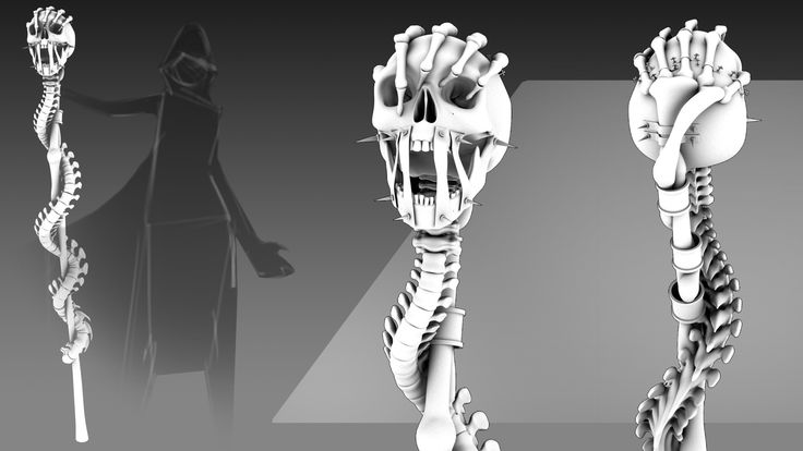 three different views of the same skeleton and hand, one in black with white details