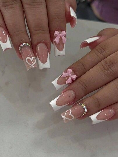 Vêtements homme & femme, shoppez la mode en ligne | SHEIN Paznokcie Hello Kitty, Bow Nail Designs, White French Nails, Fake Nails White, Valentine Nails, Smink Inspiration, Manicure Tips, Girly Acrylic Nails, Coffin Press On Nails