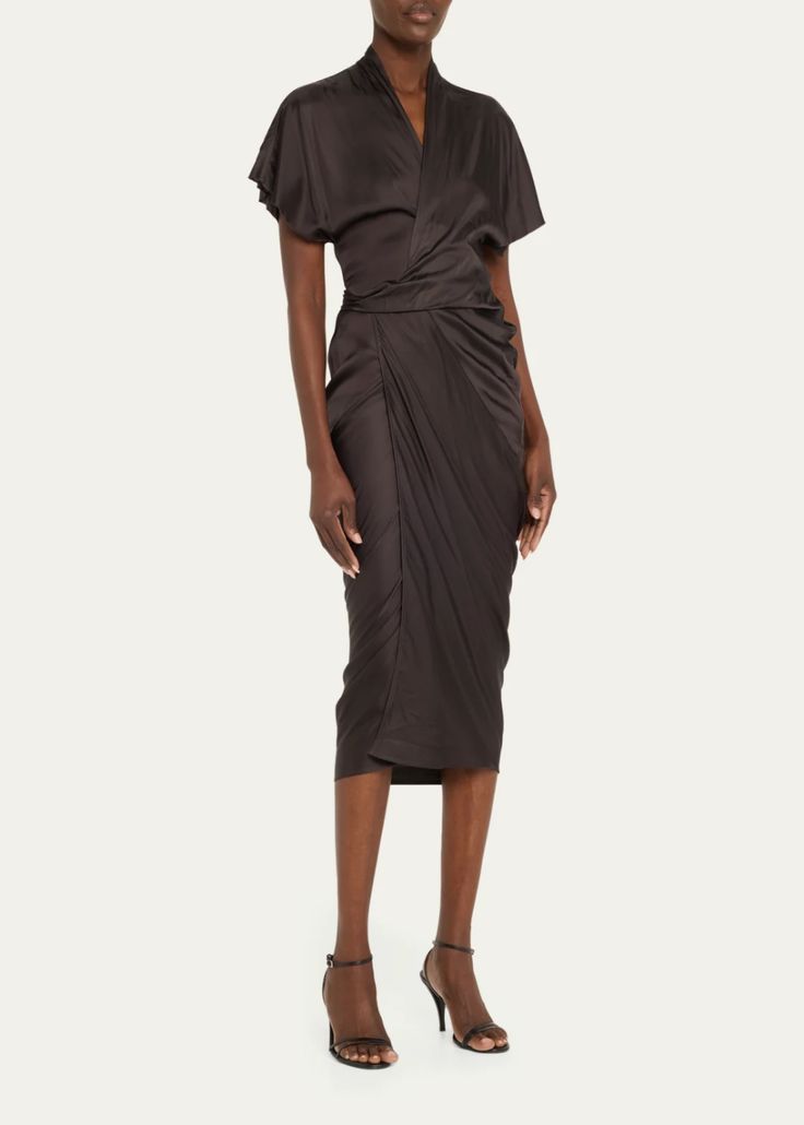 Rick Owens Short-Sleeve Wrap Midi Dress - Bergdorf Goodman Knee-length Midi Dress With Gathered Sleeves For Evening, Evening Midi Dress With Gathered Sleeves, Silk Dress With Gathered Sleeves For Work, Silk Dresses With Gathered Sleeves For Work, Silk Evening Dress With Flutter Sleeves, Knee-length Silk Midi Dress With Pleated Sleeves, Elegant Evening Midi Dress With Gathered Neckline, Short Sleeve Midi Dress With Ruched Bodice For Evening, Satin V-neck Midi Dress With Draped Sleeves