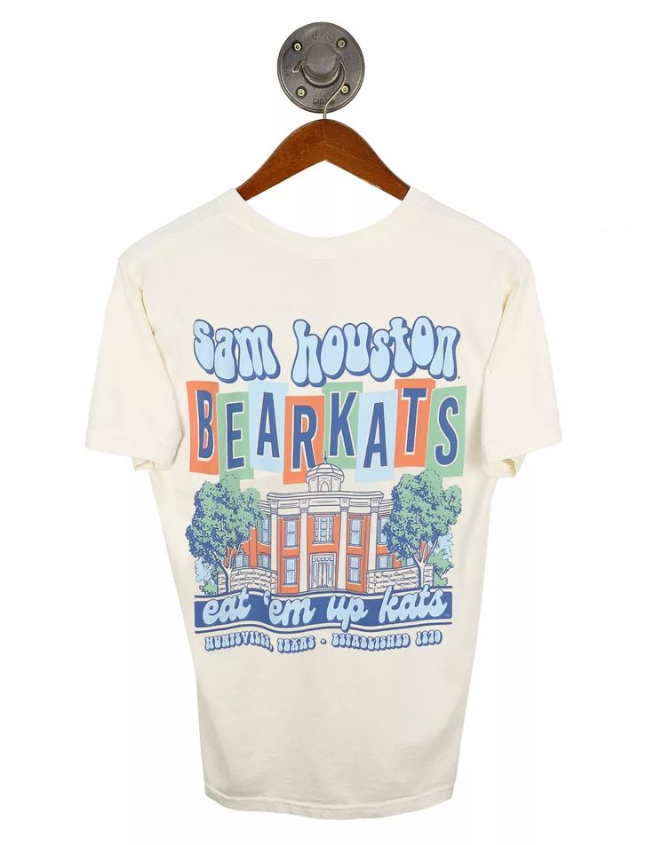 SHSU Groovy Landmark - Barefoot Campus Outfitter Casual Short Sleeve Fan Merchandise T-shirt, Fun Graphic Print T-shirt For College, Retro Short Sleeve Shirt With Front Print, Summer Game Day T-shirt With Screen Print, Fun Short Sleeve Tops For Game Day, Fun Short Sleeve T-shirt For Fan Merchandise, Casual Summer Shirt For Game Day, Graphic Tee For Game Day In Spring, Graphic Tee For Game Day And Summer