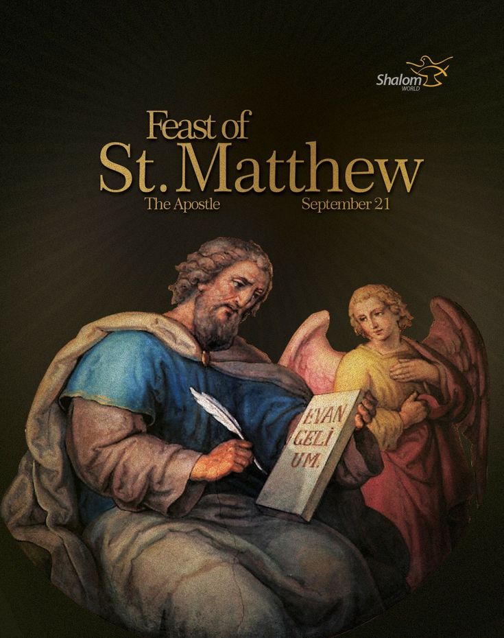 a painting of an angel reading a book with the words feast of st mathew on it