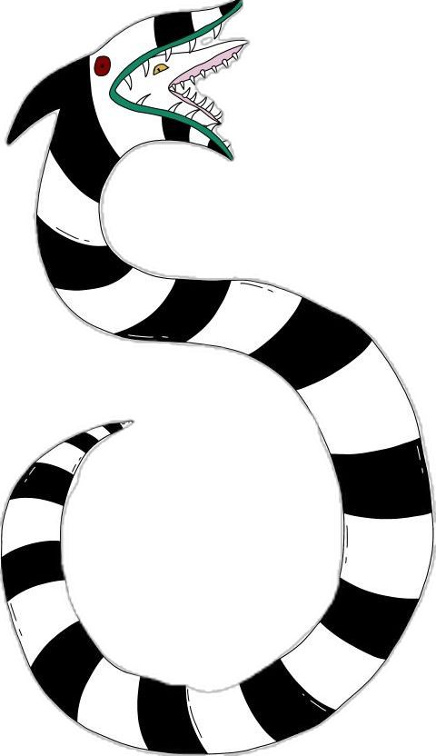 a black and white striped snake with an alligator on it's head in the shape of a letter s