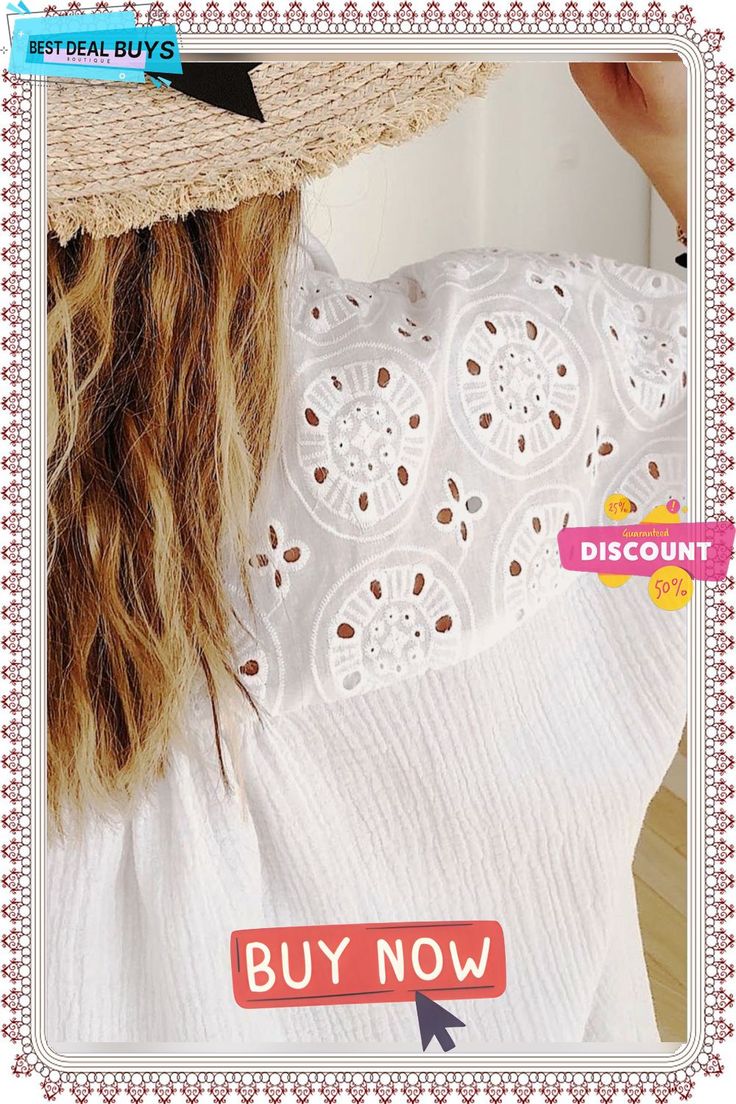 the back of a woman's head wearing a straw hat and white blouse with lace detailing