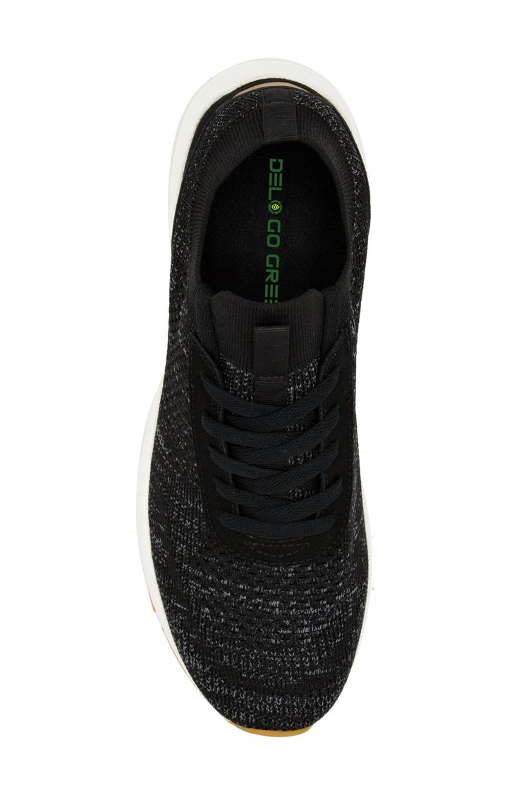 Consciously-made from recycled materials, this knit running shoe features a stretchy topline and collar for a comfortable fit. Recycled textile and synthetic upper and lining/recycled textile and synthetic sole Imported Lightweight Black Sporty Sneakers, Casual Nylon Sneakers With Moisture-wicking, Black Stretch Synthetic Sneakers, Sporty Black Sneakers With Textured Upper, Black Textured Sporty Sneakers, Black Textile Running Shoes, Functional Black Textile Running Shoes, Comfortable Black Textile Running Shoes, Casual Breathable Sneakers With Recycled Polyester