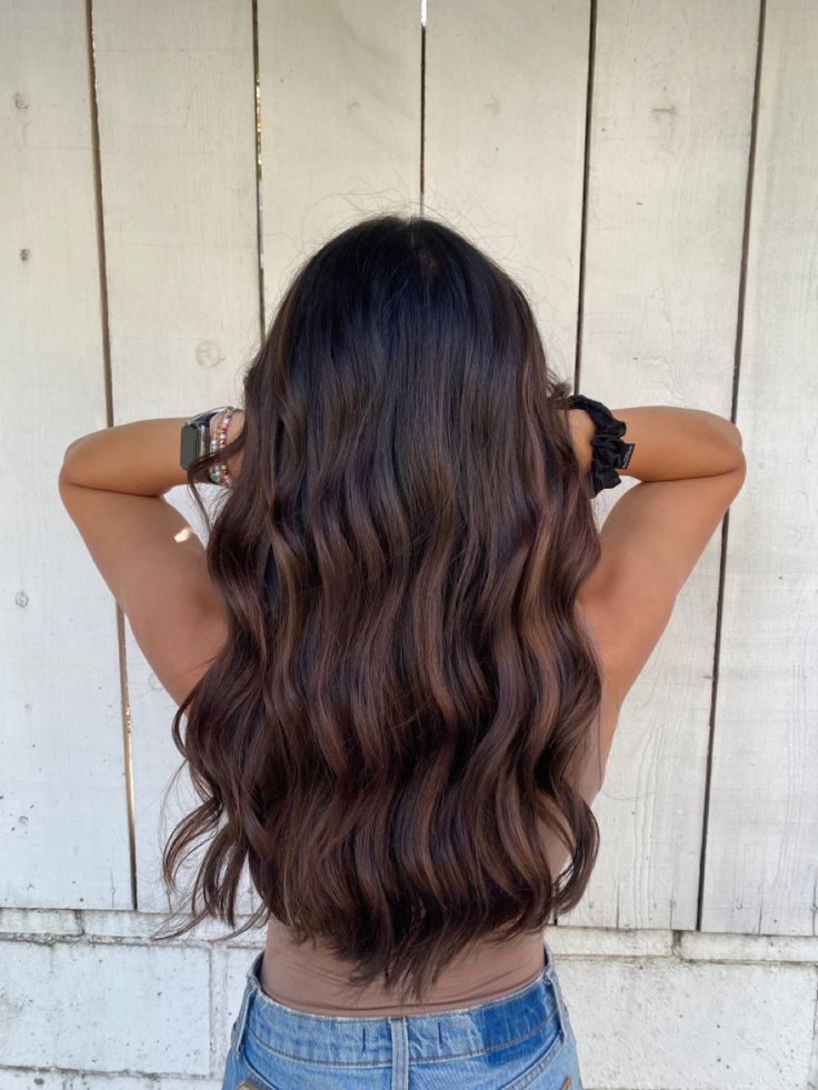 Dark Hair Dyed Lighter, Lighter Dark Hair, Dark Brown Hair With Lighter Highlights, Summertime Brunette Hair, Surfer Brown Hair, Dark Brown Hair With Lighter Brown Highlights, Lived In Dark Brown Hair, Brown Hair With Lighter Ends, Really Dark Brown Hair With Highlights