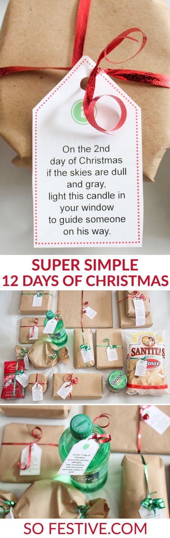 christmas presents are wrapped in brown paper and tied with red ribbon, which is labeled super simple 12 days of christmas