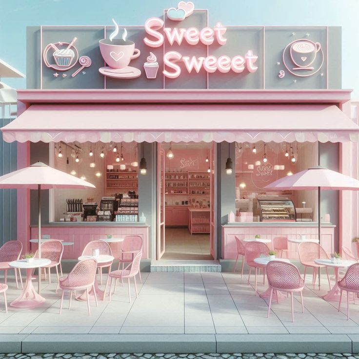 a pink store front with tables and chairs in front of the window that says sweet sweet