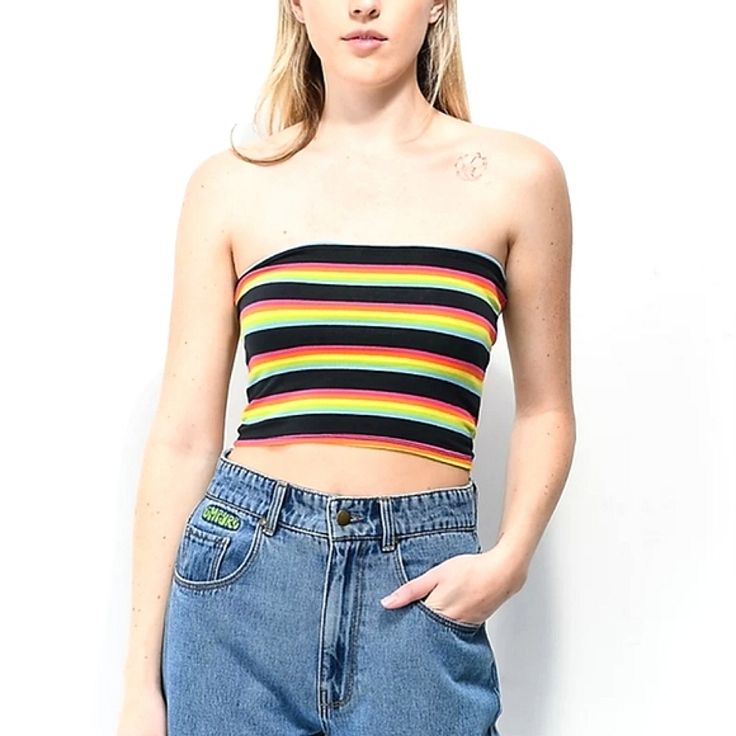 Brand New! Black & Rainbow Striped Tube Top By A-Lab Size Medium 95% Cotton 5% Spandex Striped Tube Top, Scoop Neck Crop Top, Embroidered Crop Tops, Black And White Heart, Denim Crop Top, Puff Sleeve Crop Top, Black Rainbow, Blue Crop Tops, Fashion Nova Tops