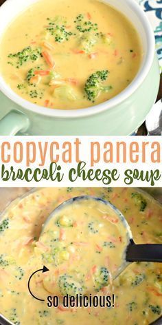 broccoli cheese soup in a pot with spoons and text overlay that reads copycat panera bracacii cheese soup so delicious