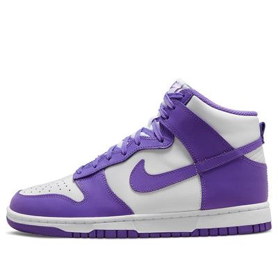 The Nike Dunk High 'Court Purple' is a stylish sneaker with a white leather base and a court purple covering layer, Swooshes, laces, tongue label, insoles and a rubber sole. The two-tone design is completed with a white nylon tongue and midsole. Perfect for any casual or streetwear look, this sneaker is inspired by the classic Nike Dunk series. With its comfortable fit and sleek design, the Nike Dunk High 'Court Purple' is a must-have for any sneakerhead. (SNKR/Skate/Mid Top/Women's/Non-Slip/Wear-resistant) Purple Lace-up High-top Sneakers, Purple Sneakers With Rubber Sole For Streetwear, Purple Mid-top Sneakers With Boost Midsole, Purple Low-top Leather Basketball Shoes, Purple Mid-top Sneakers With Rubber Sole, Purple Leather Low-top Basketball Shoes, Sporty Purple High-top Sneakers For Streetwear, Purple Basketball Shoes With Contrast Sole, Sporty Custom Purple Sneakers With Rubber Sole