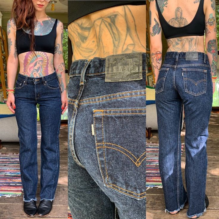 "Relaxed guys fit, for the gals. Utterly amazing vintage Levi's SilverTab ultra-dark wash denim jeans. Frayed hem, high waist, make ya peach look incredible. Made in USA, tagged size 5. Waist: 26\" Hips: 36\" Rise: 10.5\" Inseam: 28\" Model is 5'8\" and 120 lbs. Buy with confidence as all photos are taken in natural lighting." Vintage Flare Jeans With Frayed Hem For Fall, High Waist Dark Wash Grunge Flare Jeans, Grunge High Waist Dark Wash Flare Jeans, Grunge High-waist Dark Wash Flare Jeans, Fitted Dark Wash Cutoff Jeans, Dark Wash High Rise Grunge Bottoms, Grunge High Rise Medium Wash Flare Jeans, Vintage Jeans Medium Wash With Frayed Hem, Vintage Medium Wash Jeans With Frayed Hem